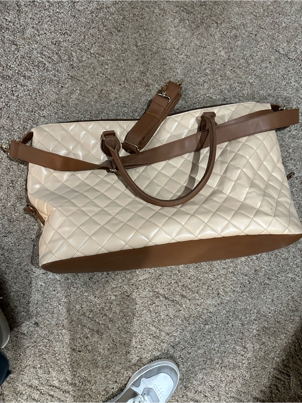 Quilted Cream and Brown Weekend Tote Bag
